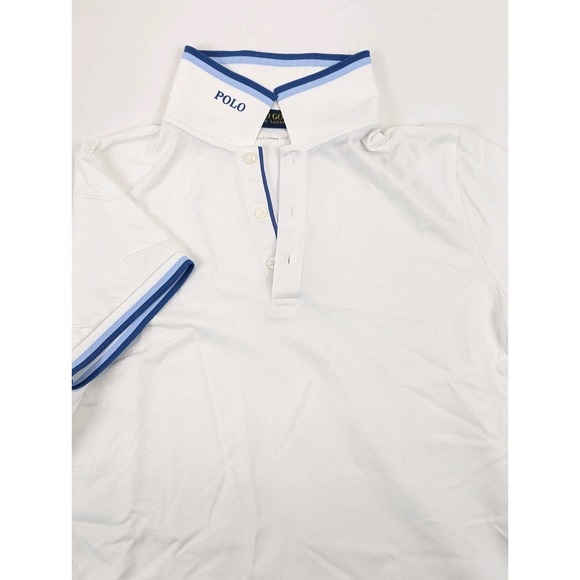 Polo Golf Ralph Lauren Shirt Womans Medium White Blue Pop Collar Preppy Stretch - Picture 3 of 6